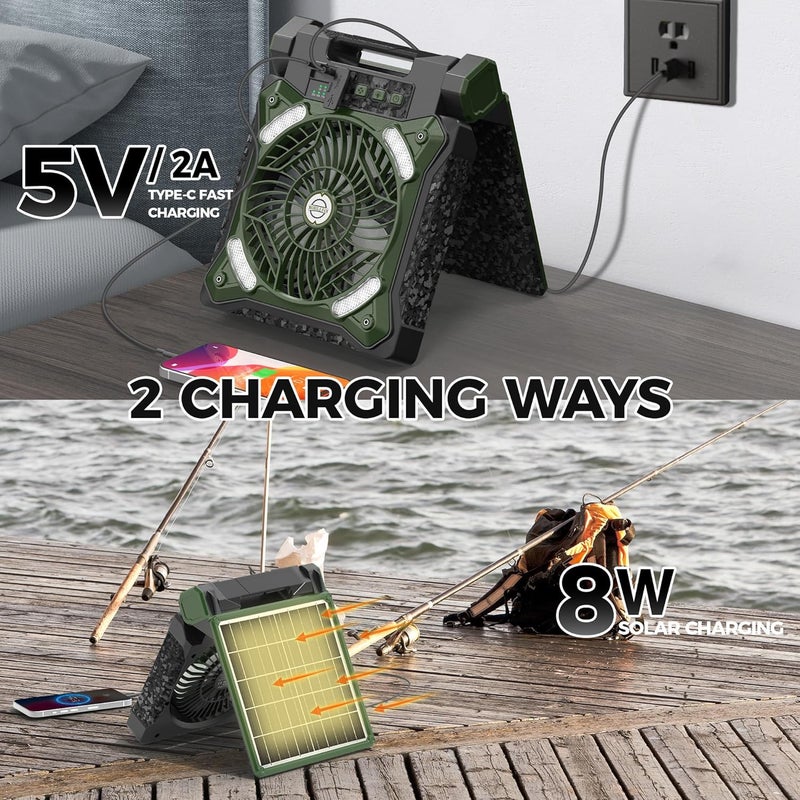 MORECORE 10000mAh 11inch Solar Camping Fan with Dual Charging, 4 Speeds & 3 Light Levels, 36H Run Time, Timer & 90° Adjustable, Portable Quiet Desk Fan for Hiking, Hurricane, Outages, Fishing-Green - Image 3
